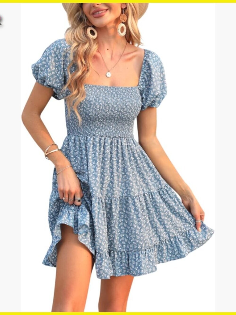 Puff Sleeve Square Neck Smocked Babydoll Dress Boho Floral Print Off Shoulder